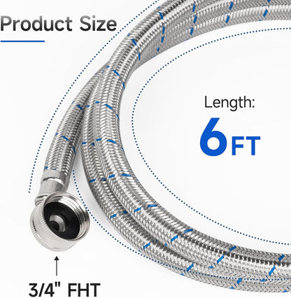 JUWO 6 FT Washing Machine Hoses with 90 Degree Elbow, 3/4" FHT Stainless Steel Washer Hoses for Water Supply, Red & Blue