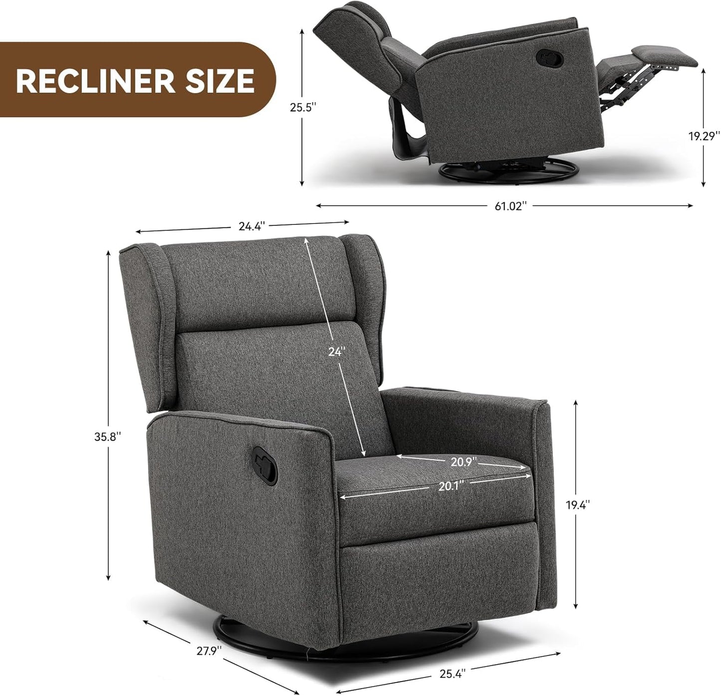COMHOMA Nursery Rocking Chair Fabric Upholstered Swivel Rocker Recliner Manual Glider Reclining Chair for Living Room Bedroom Offices (Dark Grey)