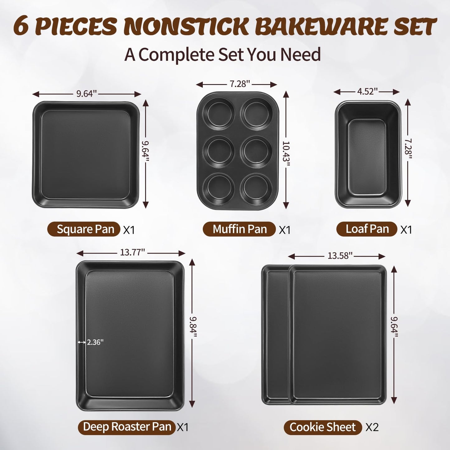 Baking Pans Set, Nonstick Bakeware Sets, Oven Pans for Cooking, AIVIKI 6 Pieces Baking Sheets Set Including Cookie Sheet, Deep Roaster Pan, Square Pan, Loaf Pan, Muffin Pan, Carbon Steel Baking Set