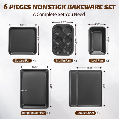 Baking Pans Set, Nonstick Bakeware Sets, Oven Pans for Cooking, AIVIKI 6 Pieces Baking Sheets Set Including Cookie Sheet, Deep Roaster Pan, Square Pan, Loaf Pan, Muffin Pan, Carbon Steel Baking Set