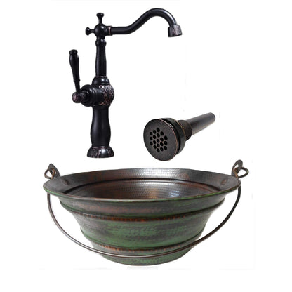 Simply Copper15" Round Copper Bucket Vessel Sink with Green Patina, Grid Drain, and 13" Clayborne ORB Faucet
