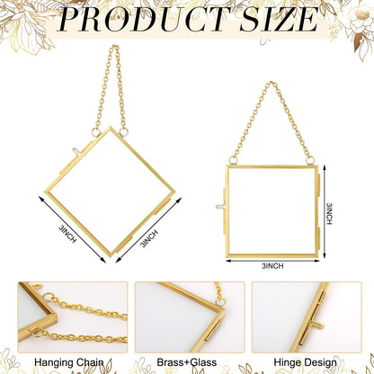 DoubleFill 12 Pcs Hanging Clear Photo Frame Double Glass for Pressed Flower Floating Frame with Chain Display Gallery Artwork Horizontal Vertical Gold Metal Rectangle Wall Decor(3 x 3 Inch)