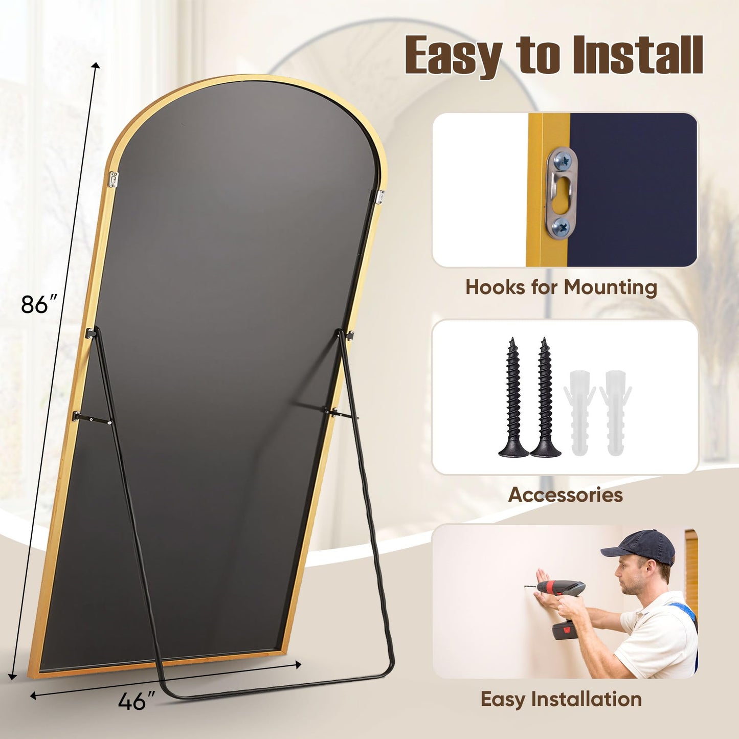 Furnbar Floor Mirror, 86"x46" Oversized Full Length Mirror with Stand, Arched Full Body Mirror Standing Hanging Leaning Against Wall, Aluminum Frame Giant Mirrors for Bedroom Cloakroom, Gold