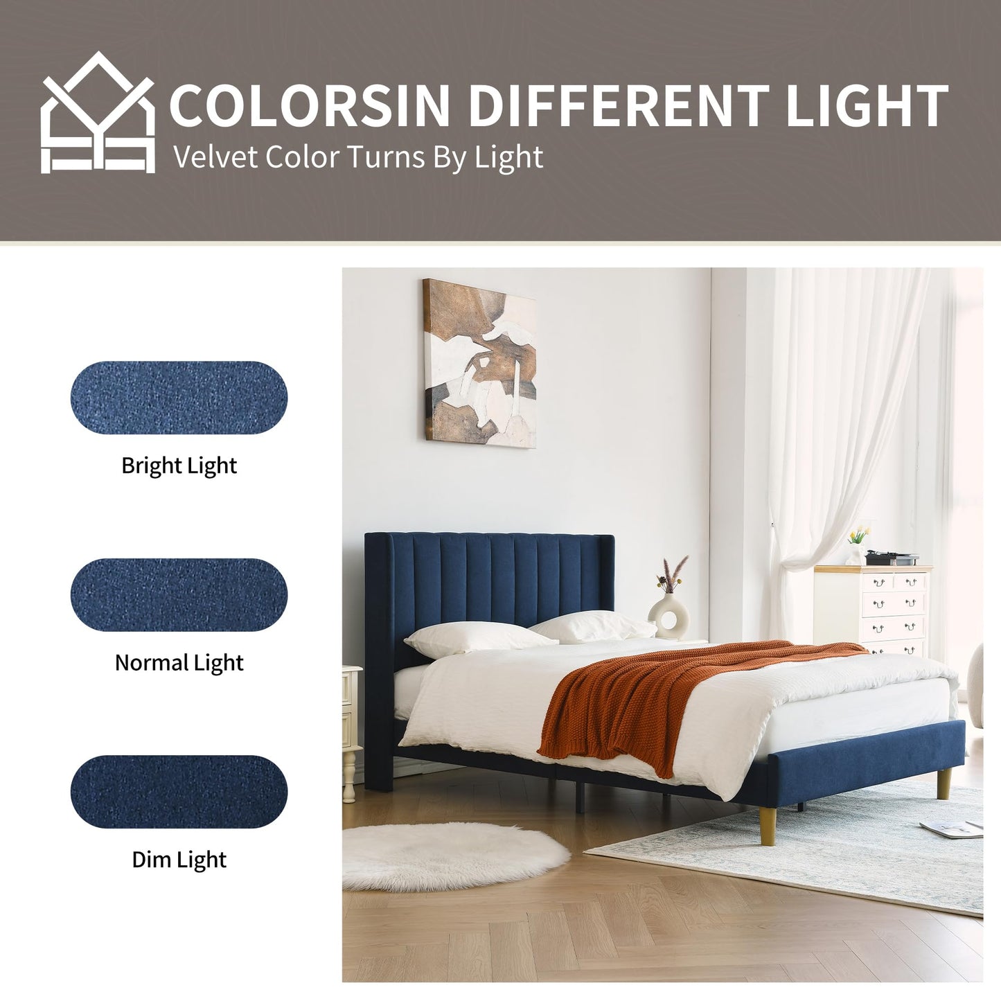 YUHUASHI upholstered Platform Bed Frame/Full Bed Frame/Modern Geometric Double-Wing Design headboard/Linen Fabric/Easy to Assemble no Noise (Navy Blue, Full)