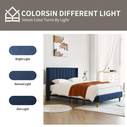 YUHUASHI upholstered Platform Bed Frame/Full Bed Frame/Modern Geometric Double-Wing Design headboard/Linen Fabric/Easy to Assemble no Noise (Navy Blue, Full)
