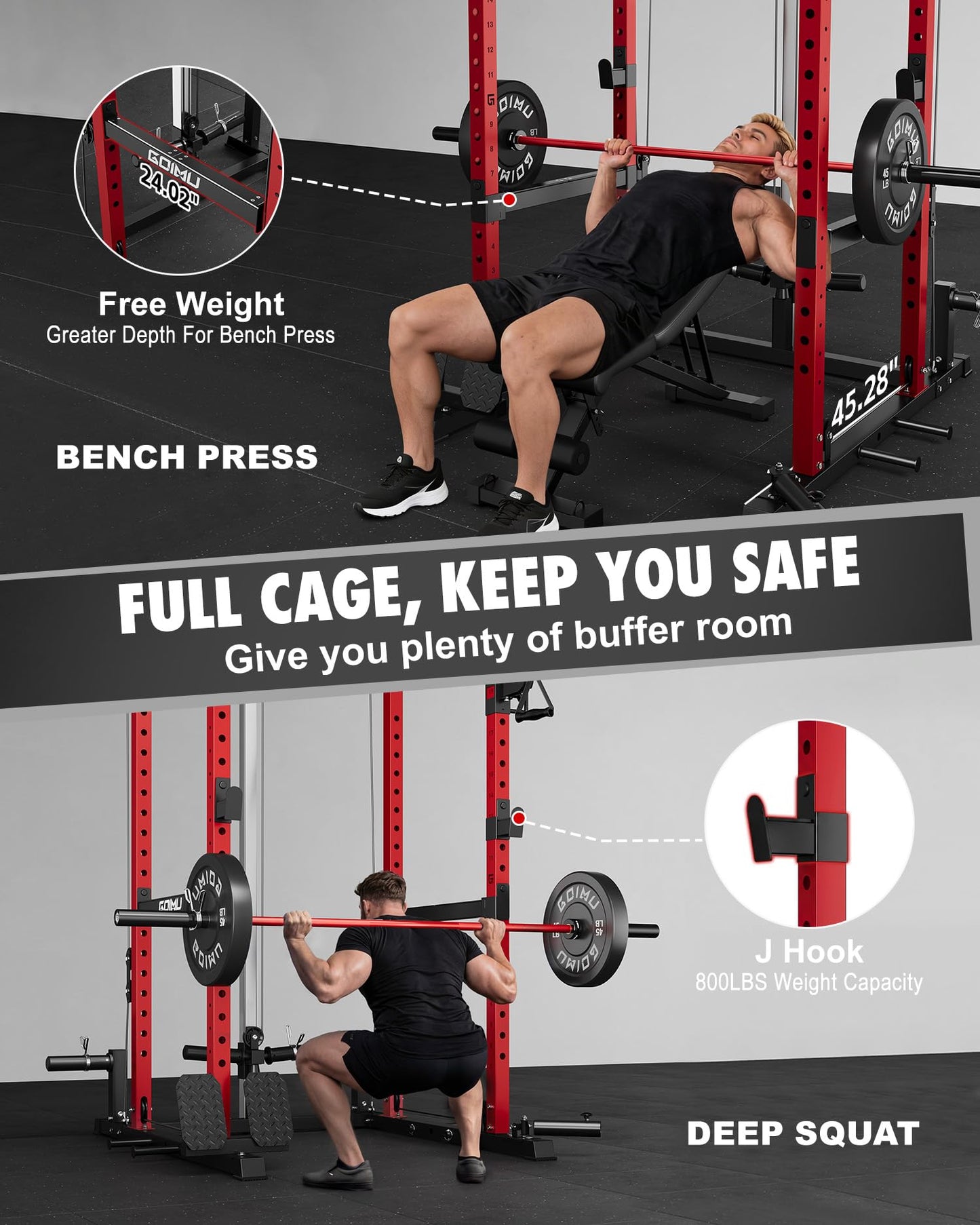 GOIMU RH01 Power Cage Rack, 2000LBS Squat Rack with with Cable Crossover System&LAT Pull Down System, Multi-Function Workout Cage for Home&Garage Gym (Red-SE, RH01 Power Cage with 290LB C Weights)