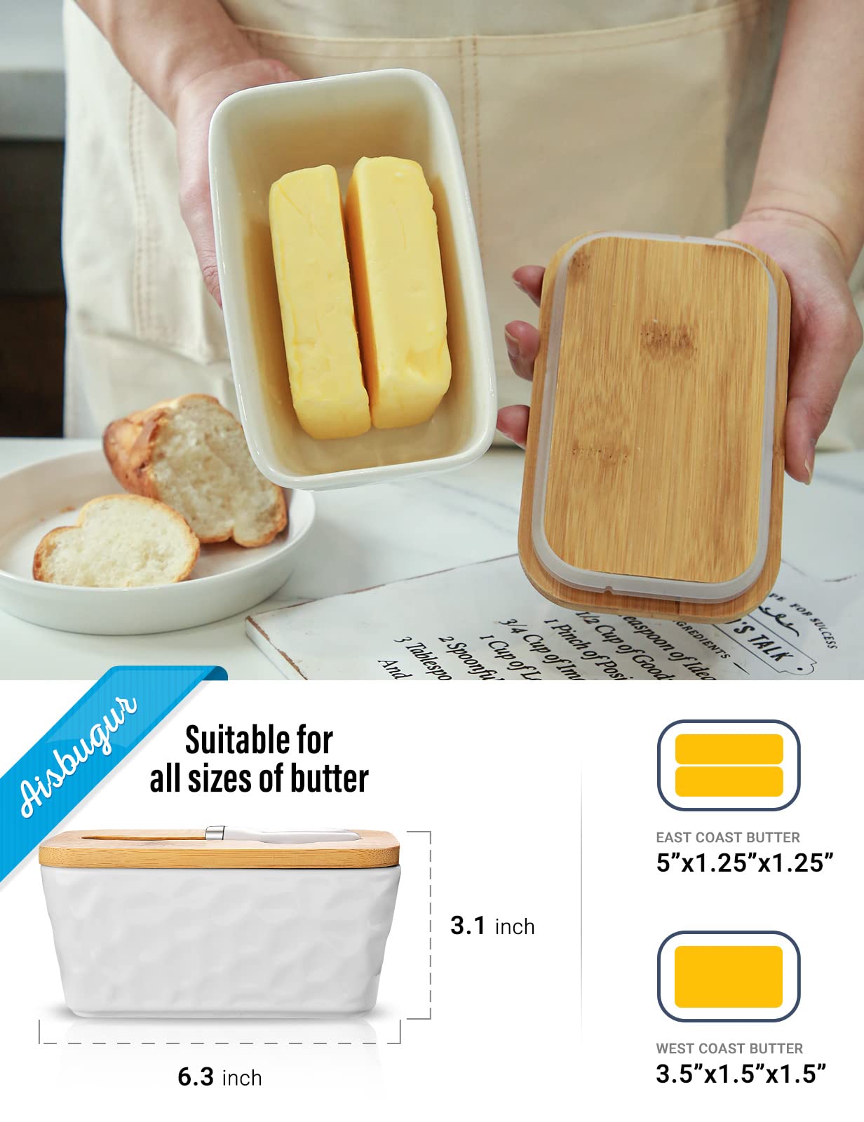 Butter Dish with Lid: Large Butter Dish for Countertop - Ceramic Butter Container with Knife Double Silicone Seal - Unique Stone Butter Dishes with Covers for Farmhouse Kitchen Decor Home Decor White