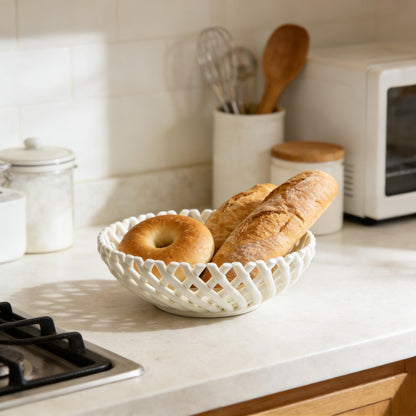 SUNKAHOY Ceramic Fruit Bowl Basket Bowl for Kitchen 10 Inches Handmade Ceramic Decorative Bowls Fruit Basket for Fruit, Vegetables,Gift,Table Countertop,Home (White)