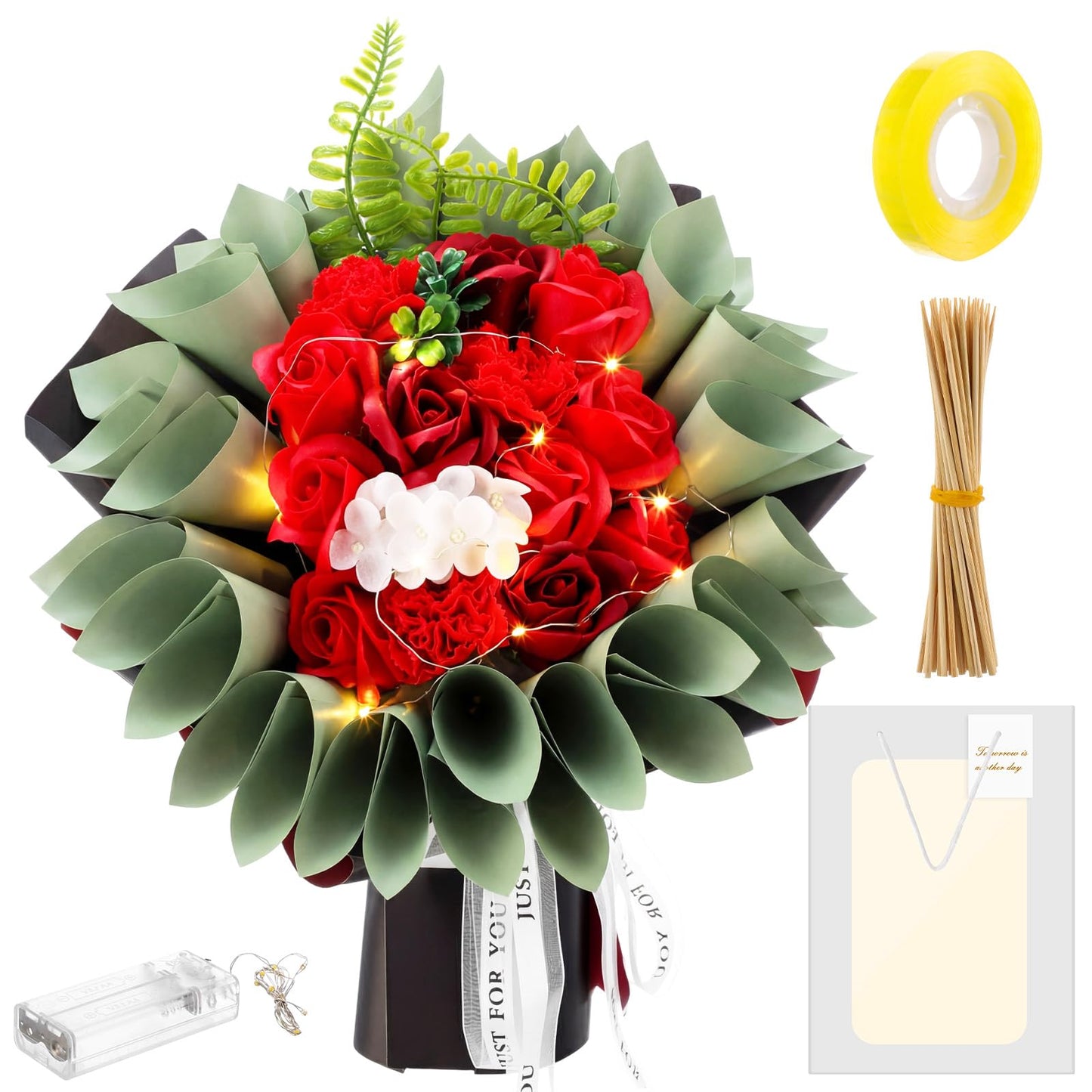 Suncalla Money Flower Bouquet Kit DIY Artificial Soap Rose Gifts with LED Light Kit, Fake Floral Rose Bouquet with Gift Bag Set for Graduation Anniversary Wedding(Red)