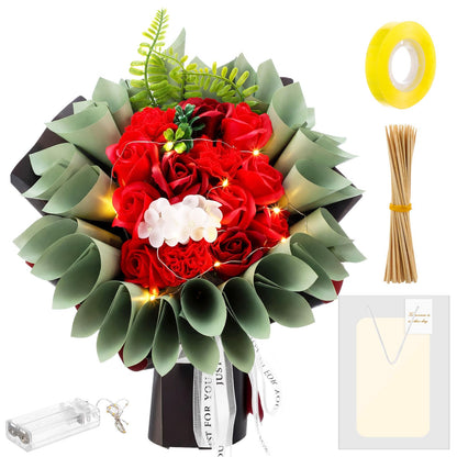 Suncalla Money Flower Bouquet Kit DIY Artificial Soap Rose Gifts with LED Light Kit, Fake Floral Rose Bouquet with Gift Bag Set for Graduation Anniversary Wedding(Red)