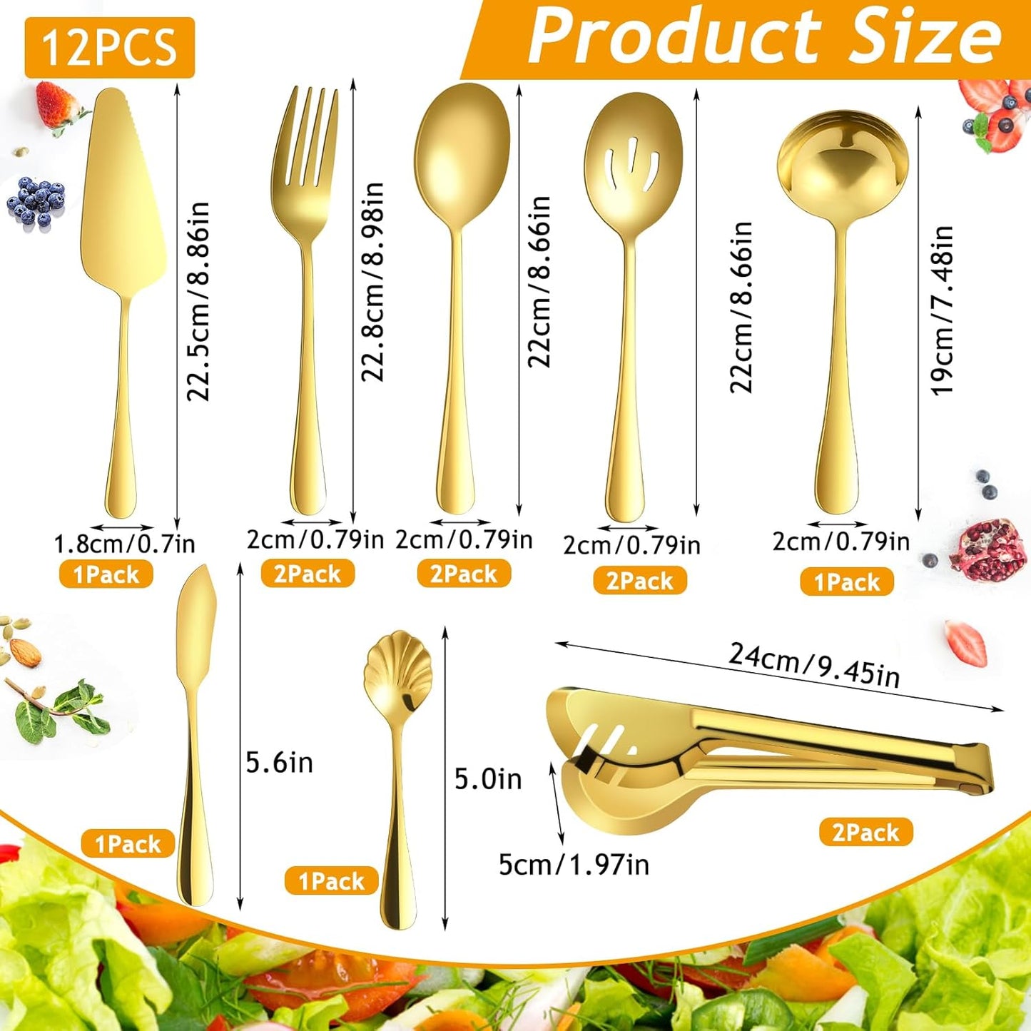 Gold Serving Utensils Set - 12 Pcs Stainless Steel with Slotted Spoons, Forks, Tongs, and Soup Ladle