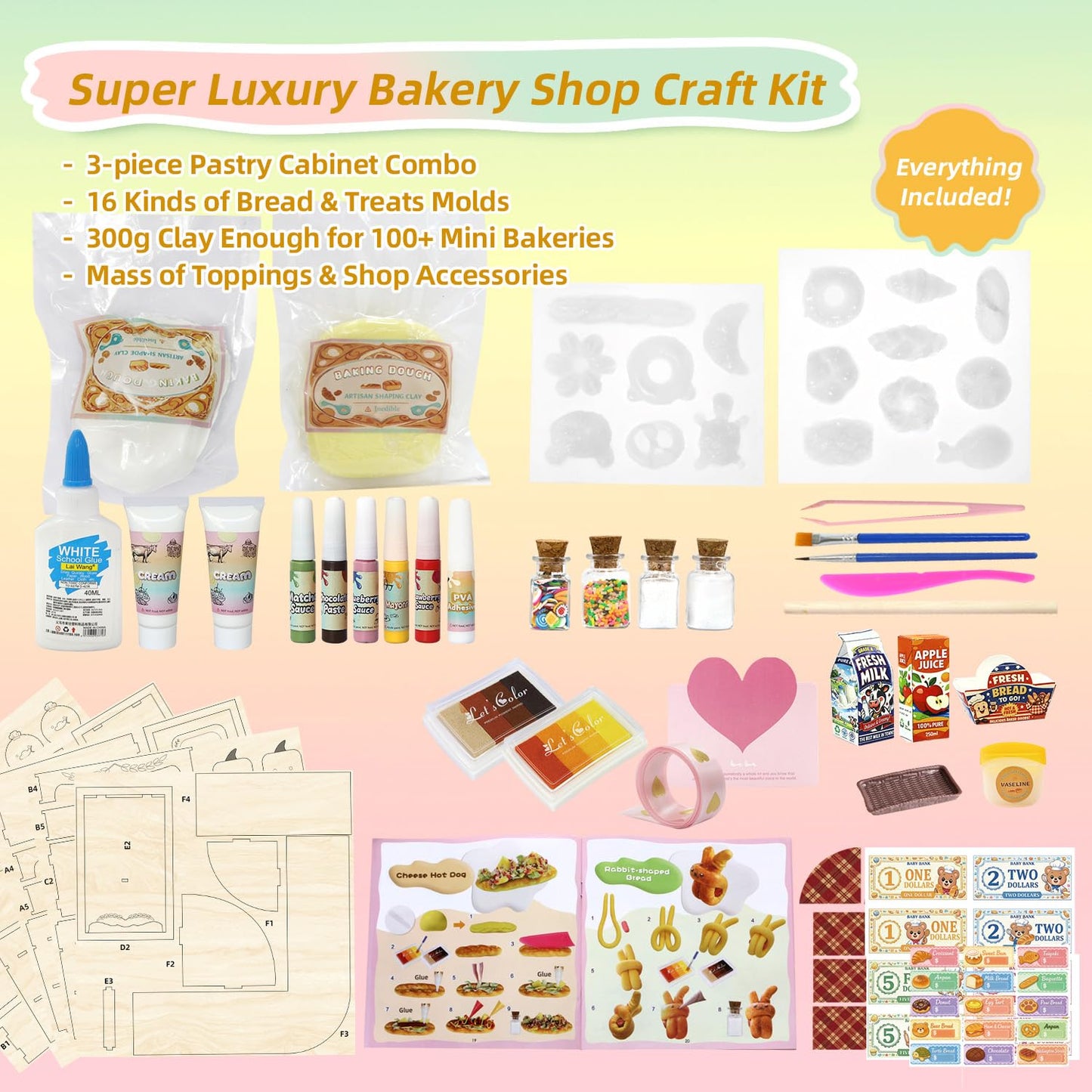 iLAND Fun Craft Kits for Kids Cute Clay Bakery Shop DIY Set, Creative Kids Toys Girls 6-8-10, 1:6 Scale Miniature Food Toys fit Doll Figure 9-12”, New Best Christmas Birthday Gift for Girls Age 7 9 11
