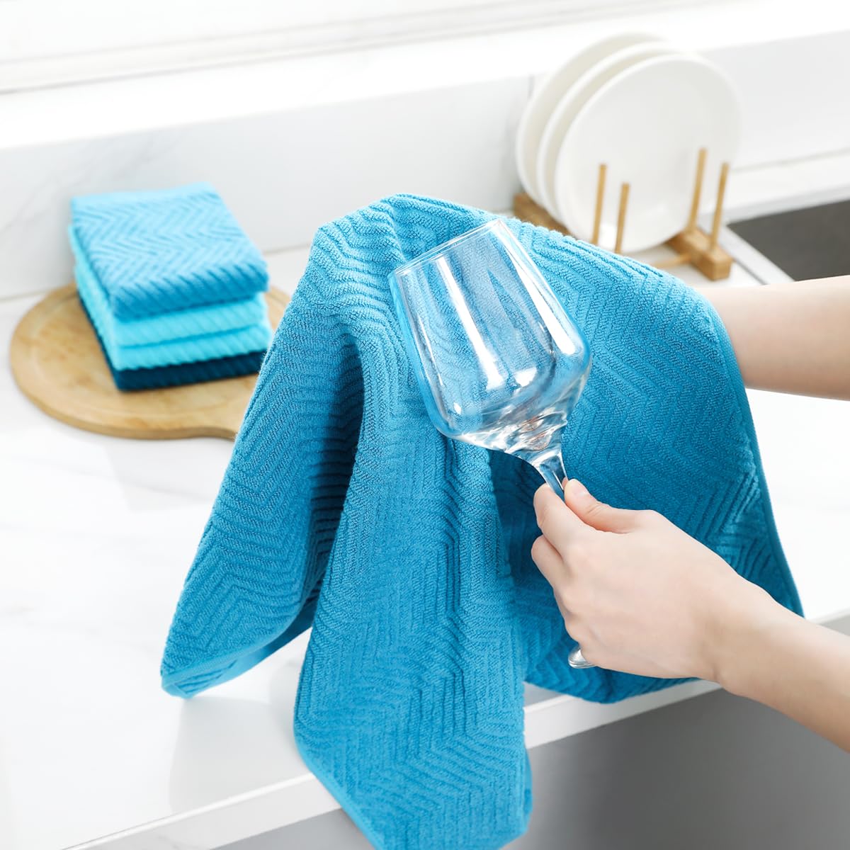 QAJ 100% Cotton Kitchen Towels and Dishcloths Set, Pack of 8 Super Absorbent 16" x 25" Kitchen Towels and 13" x 13" Dish Cloths (400 GSM)