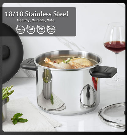KOCH SYSTEME CS Stainless Steel Pressure Cooker 8.5QT, Olla de Presion, 18/10 Stainless Steel Pressure Cooker, Easy One-Press Lock, Stovetop Pressure Cookers, Induction Ready, Glass Lid & Steamer