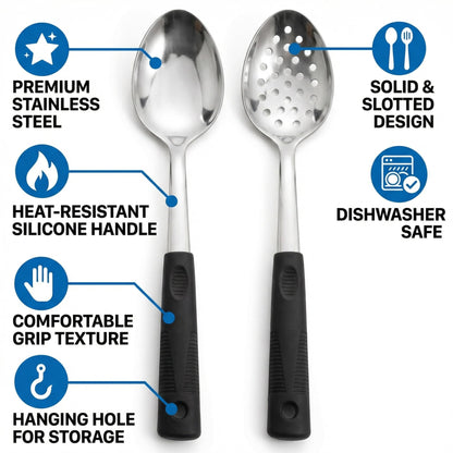 Stainless Steel Serving spoons set with Slotted Spoon.Serving Spoon and Perforated Spoon, kitchen cooking serving utensils set cooking spoon