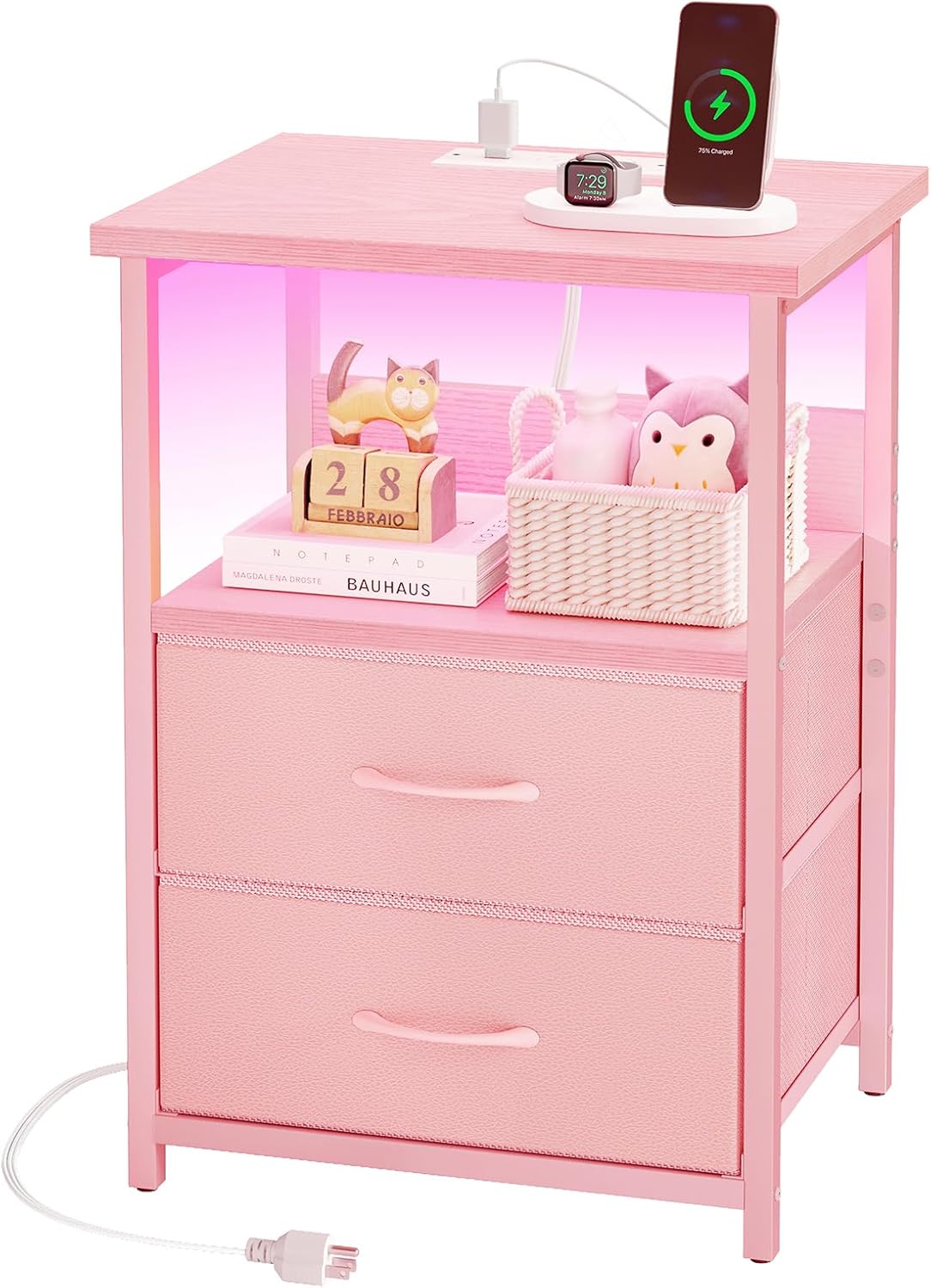 2 Fixwal Night Stand with Charging Station, LED Nightstand with U-S-B Ports and Outlets, Fabric Storage Drawers with PU