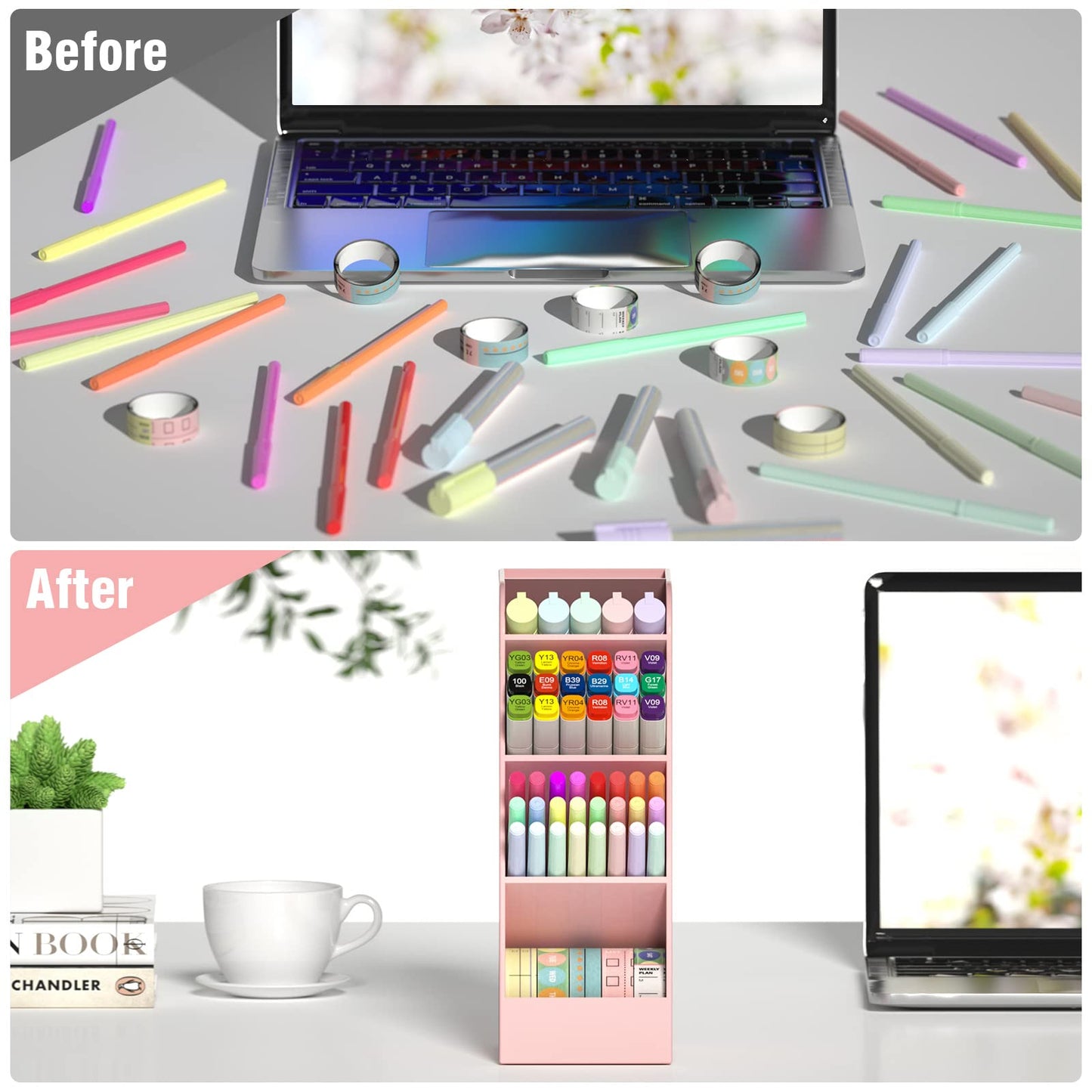 Asten Pen Holder, Pencil Holder for Desk, Pen Organizer for Office, School, Desktop, Large Capacity Pen Storage Organizer with 5 Compartment for Pens, Markers, Makeup Brush, Cosmetics (Pink, 3 Pack)