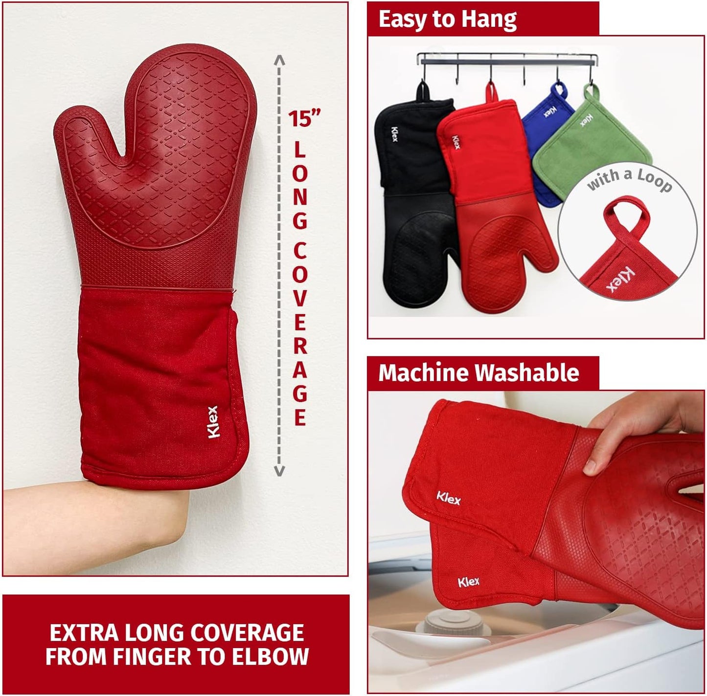 Klex Extra Long Silicone Oven Mitts, 932°F Heat Resistance with Quilted Cotton Liner, 2 Piece Set, 15 inch, Red