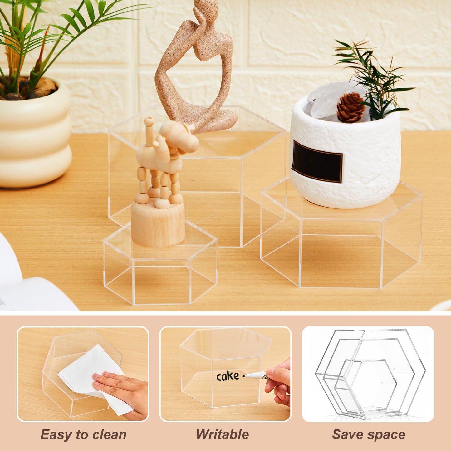 Jerify 6 Pcs Acrylic Risers Display Stands, 5.91'' 5.12'' 3.54'', Clear Hexagon Nesting Pedestal Shelf with Hollow Bottom for Tabletop Jewelry Display, 3 Sized