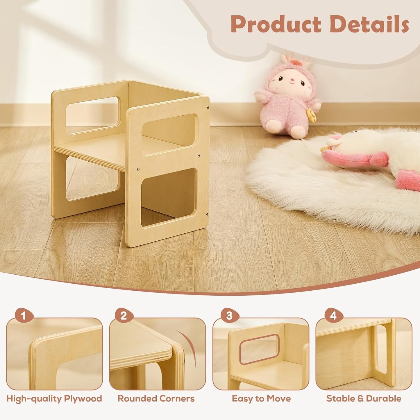 1-3, FUNLIO Height Adjustable Montessori Weaning Chair for Age Quality Solid Wooden Chair