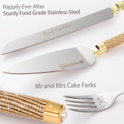 VARLKA Wedding Cake Knife and Server Set, Gold Cake Cutting Set for Wedding, Mr and Mrs Champagne Flutes for Bridal Shower Gifts Engagement Gifts for Couples