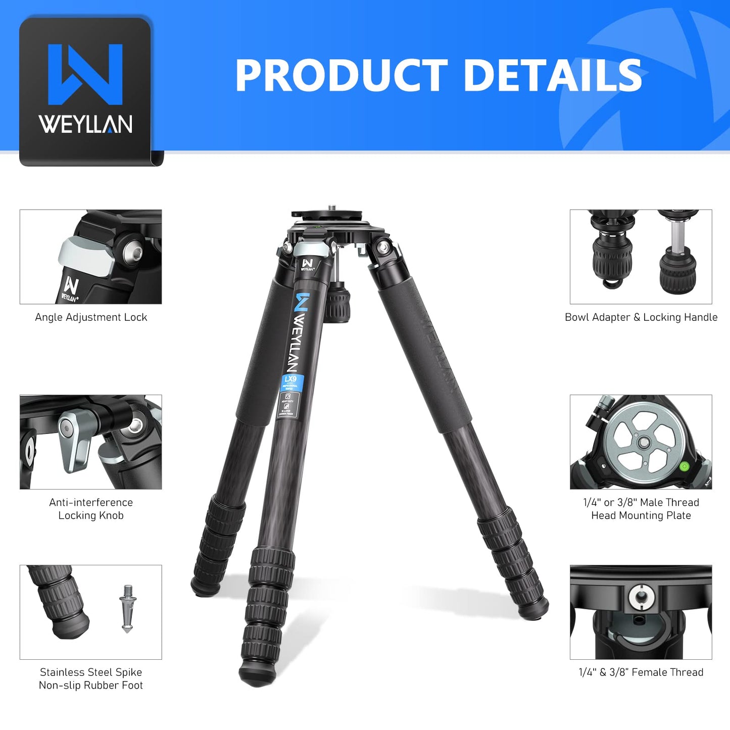 Carbon Fiber Tripod WEYLLAN LX9 Professional Heavy Duty Tripod for Camera, with 75mm Bowl and Adapter, 40mm Leg Tube, 10 Layers Carbon Fibre Bowl Tripods Camera Max Load 88lbs/40kg