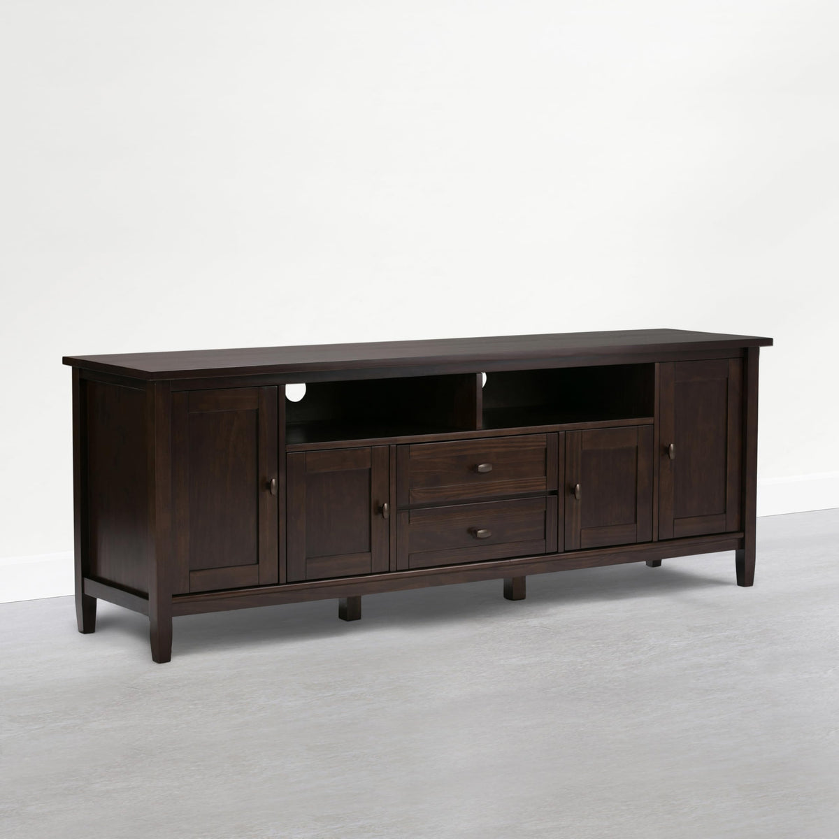 SIMPLIHOME Warm Shaker TV Stand - 72 inch Wide Solid Wood Media Console in Mocha Brown, Transitional Entertainment Center for Living Room for TVs up to 80 Inches with Cabinets and Cable Management