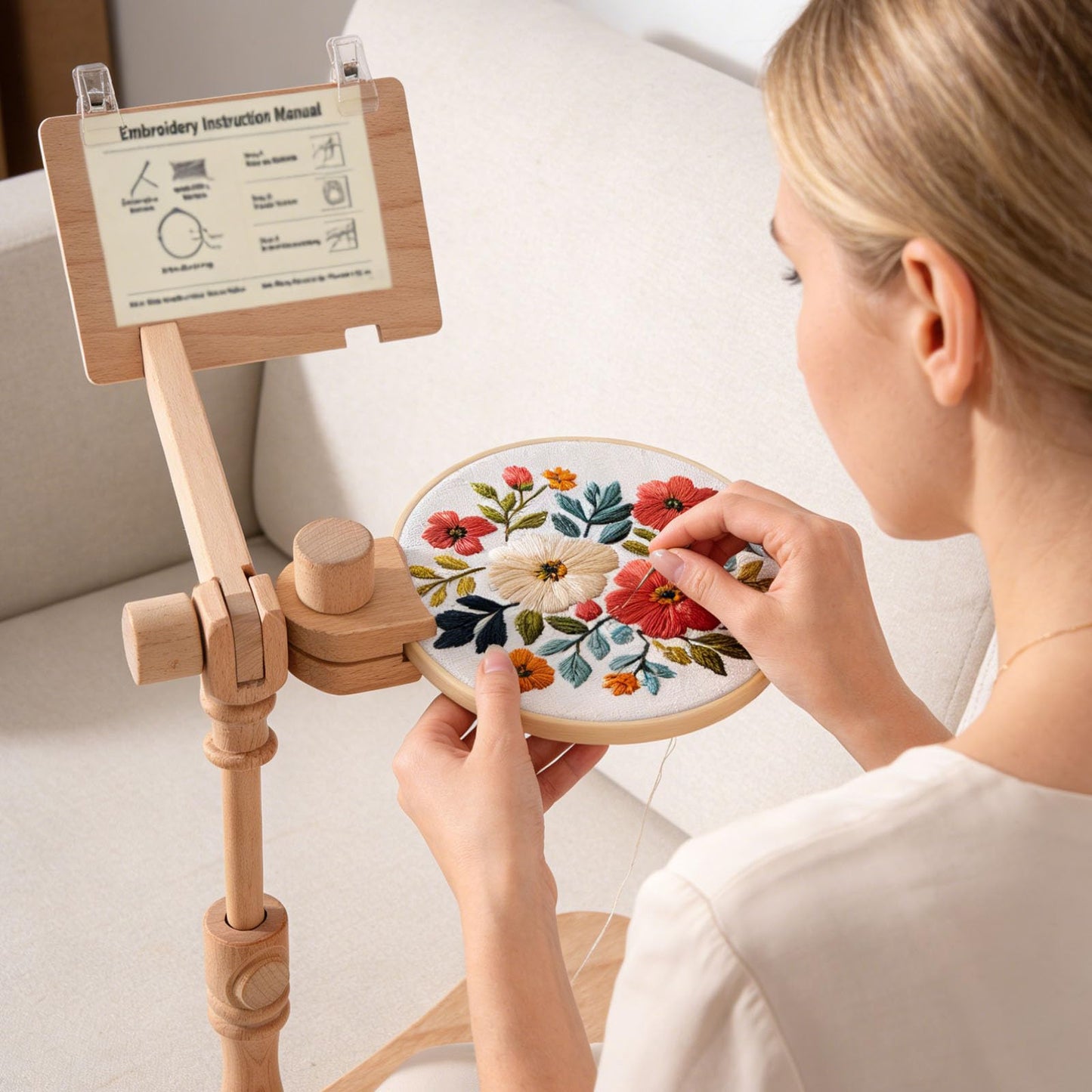 Wood Stitching Embroidery Hoop Stand, Adjustable 360° Rotatable Wooden Embroidery Holder Hands-Free Needlework Holder for Sitting/Lap Frame Cross Stitch Needlepoint Projects