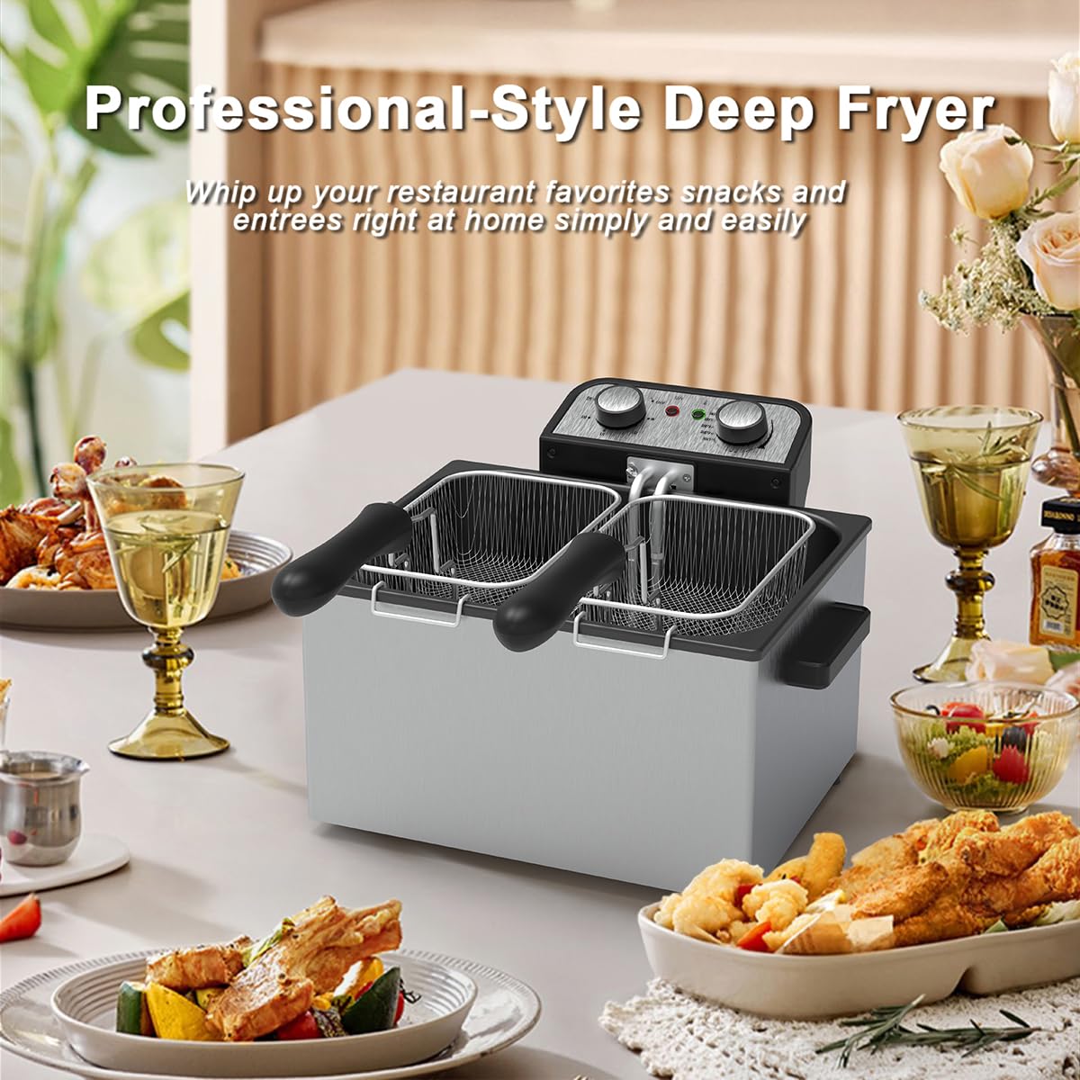1750W Electric Deep Fryer with Basket,5L /21 Cups Stainless Steel Electric Oil Fryer with 3 Frying Baskets, Adjustable Temperature,View Window Lid,Countertop Stainless Steel Body Deep Fryer Pot
