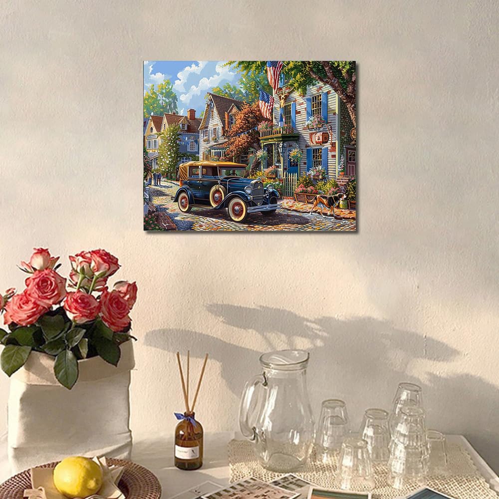 American Style Towns Paint by Numbers for Adults American Town Landscape DIY Paint by Numbers Acrylic Paint Canvas Vintage Classic Cars Dog Painting Kits Leisurely Vacation Art 16x20 Inch（Frameless）
