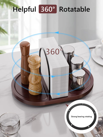 Primo Lines Rotating Napkin Holder for Table with Built-In Space for Salt and Pepper Shakers, Wooden Metal Caddy Rustic Table Organizer with 360 Degree Spin for Kitchen Decor and Accessories (Walnut)