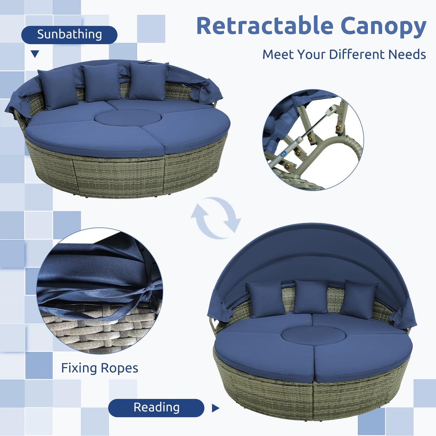 Tangkula Outdoor Round Daybed with Retractable Canopy, PE Wicker Sectional Seating Furniture with Cushions and Throw Pillows, Separates Cushioned Seats for Backyard, Poolside (Navy)