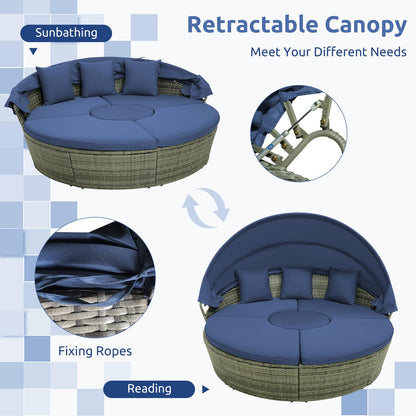 Tangkula Outdoor Round Daybed with Retractable Canopy, PE Wicker Sectional Seating Furniture with Cushions and Throw Pillows, Separates Cushioned Seats for Backyard, Poolside (Navy)