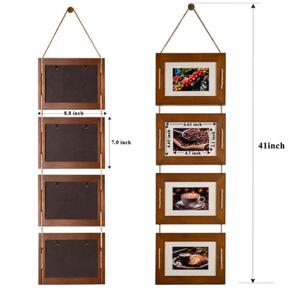 DLQuarts 5x7 Hanging Collage Picture Frames Wall Decor, 4-Opening 5x7 Matted to 3.5x5 Photo Rustic Wood Frame with Hemp Rope, 1 Pack, Dark Walnut