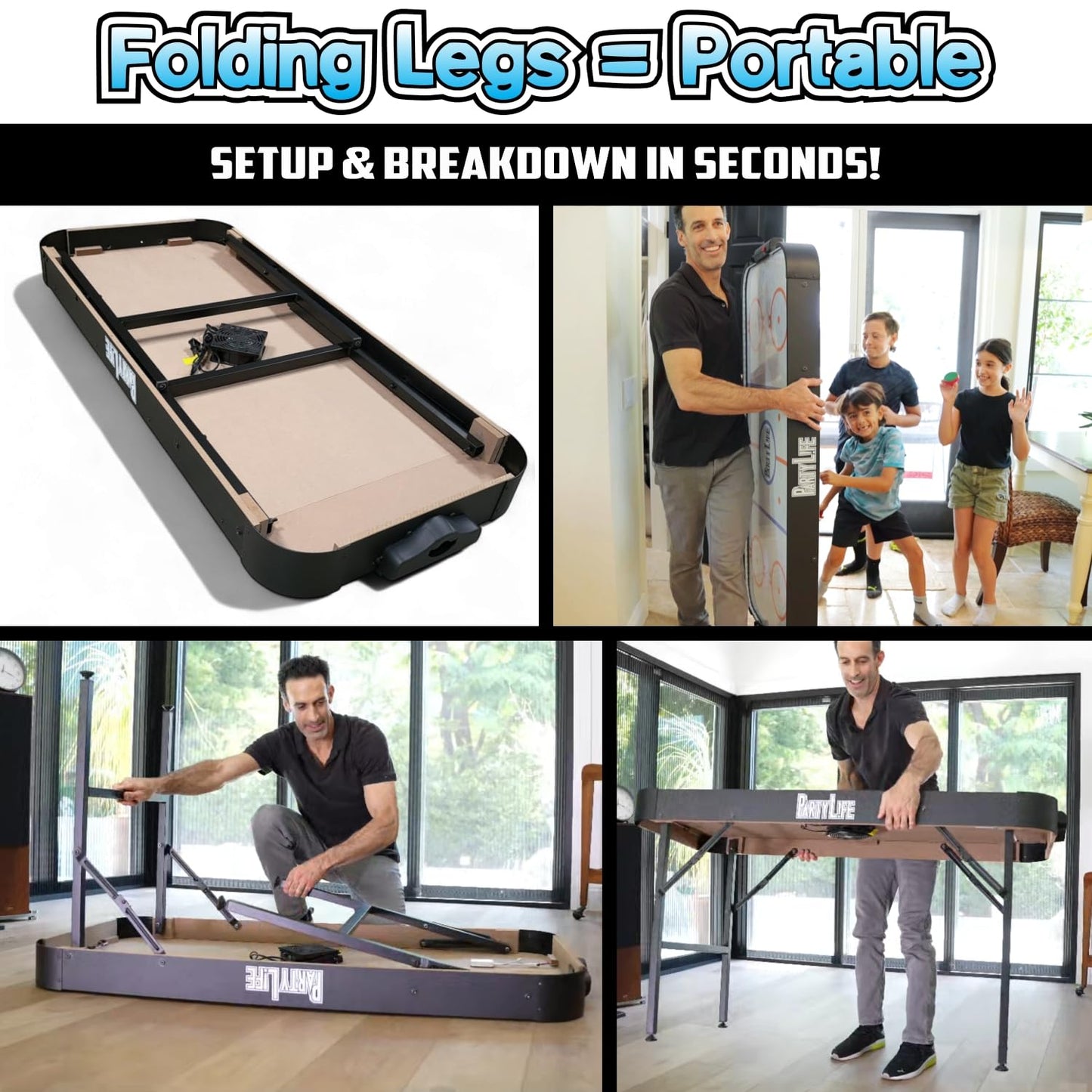 PartyLife 54" Air Hockey Table w/LED Lights & Folding Steel Legs - Powerful Motor, Smooth Surface, Very Sturdy - Perfect for Kids and Adults, Game Rooms & Home Arcade!
