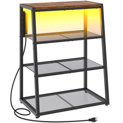 HOOBRO 4-Tier AV Media Stand, Stereo Stand with Charging Station and LED Light, Wooden Stereo Cabinet, Rack Audio Tower, Corner Entertainment Center, 30'', Rustic Brown and Black BF107UDCJ01