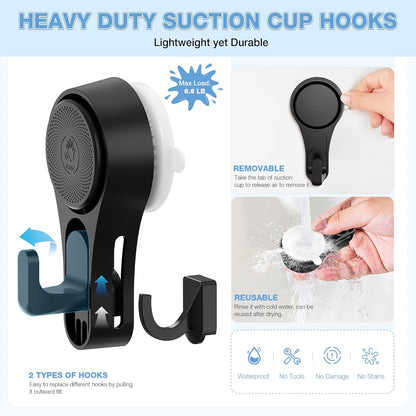 VIS'V Heavy-Duty Shower Suction Cup Hooks - Removable & Reusable, Black | 2 Pcs