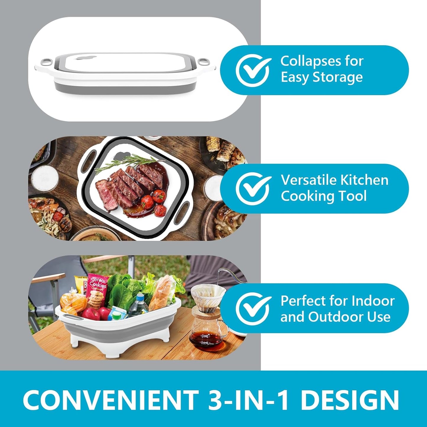 HI NINGER Collapsible Cutting Board with Knife, Multifunctional Silicone Dish Tub for Camping Kitchen Essentials