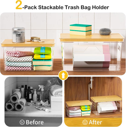 2 Pack FELIZHOUSE Trash Bag Holder with Bamboo Lid, Stackable Garbage Bag Dispenser Under Sink , Storage Organizer