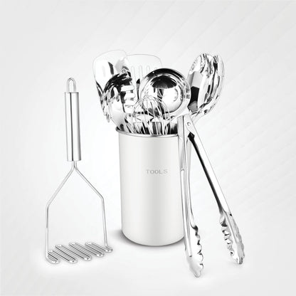 Avador® Premium Set of 10 Stainless Steel (WHITE HOLDER) Kitchen Tool Set with Holder Easy To Clean, Space Saving, Great for Cooking, Baking, Prepping (WHITE)