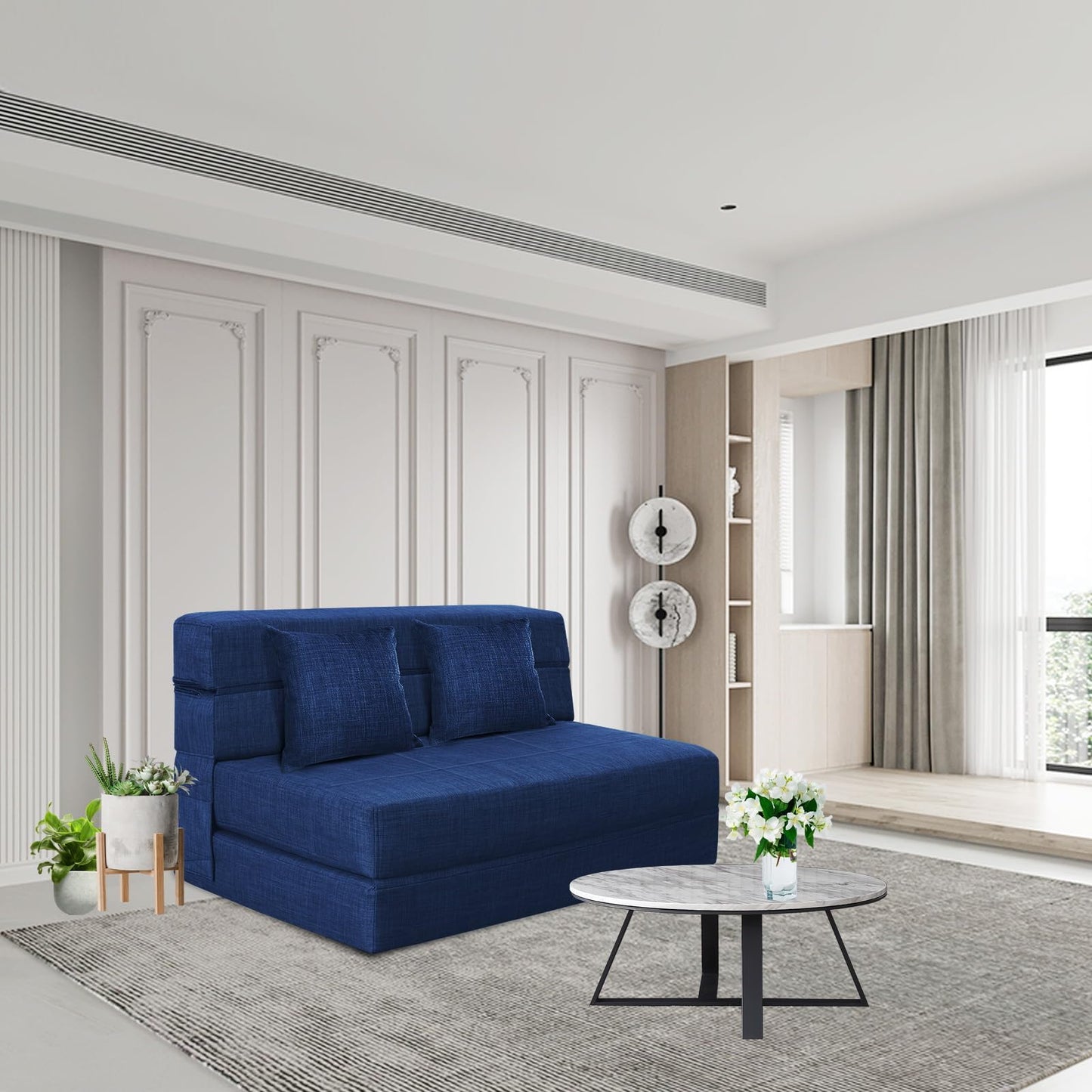 Nigoone 60 Inch Folding Sofa Couch Memory Foam with Pillow Convertible Sleeper Mattress Futon Lazy for Living Room, Washable Cover, Queen Size, Dark Blue