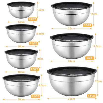 Hunnycook 7 Piece Mixing Bowls with Lids Set - Mixing Bowls Stainless Steel Bowls for Kitchen Baking, Size 0.7, 1.1, 1.5, 2.1, 3.5, 4, 4.5QT, Baking Bowl for Food Preparation, Mixing and Serving Foods