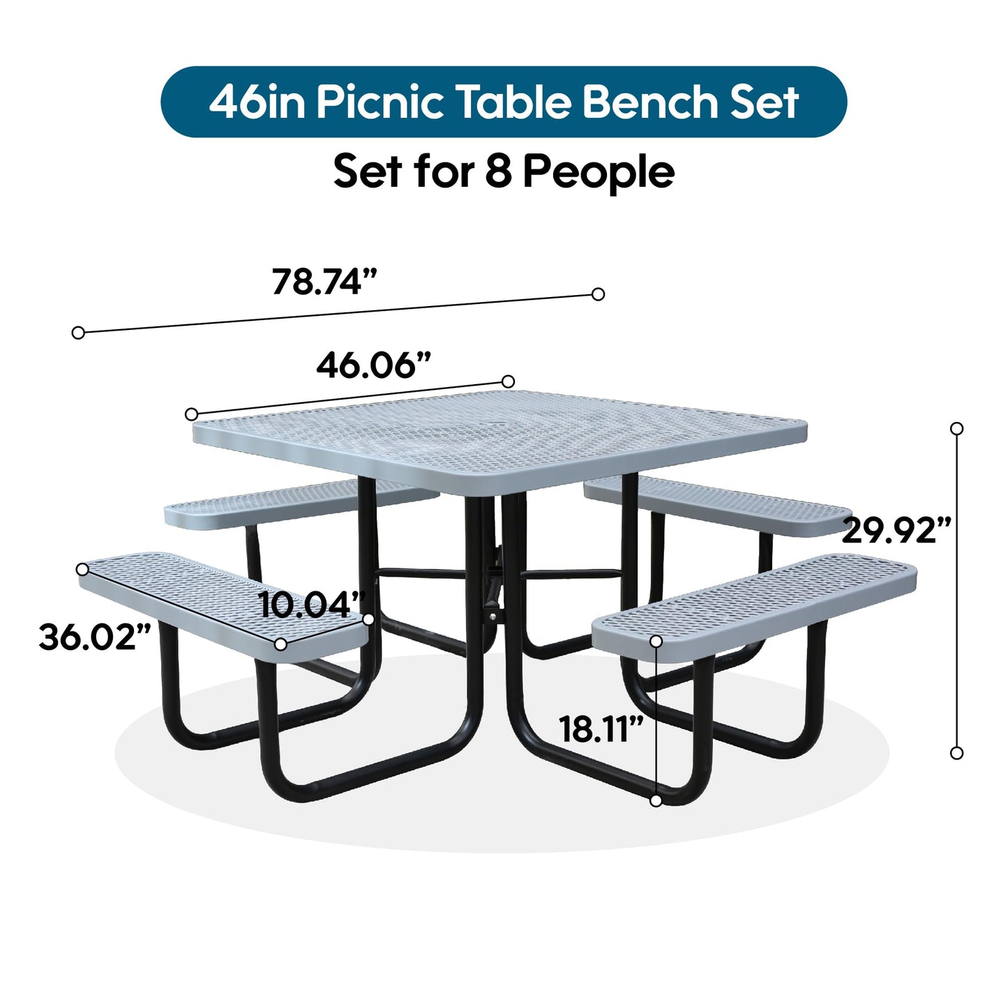 Sunnibety 8-Person Picnic Tables for Outdoors, Industrial 46" Expanded Metal Square Picnic Table with 4 Benches & Umbrella Hole, Outside Table and Bench Set for Garden, Backyard, Porch, Patio, Grey
