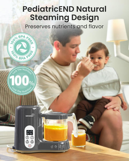 Grownsy Baby Food Maker with Steam Basket, One Step Baby Food Processor Steamer Puree Blender Grinder Mills Machine, Auto Cooking Grinding and Sterili-zing for Healthy Homemade Baby Food, Dark Grey