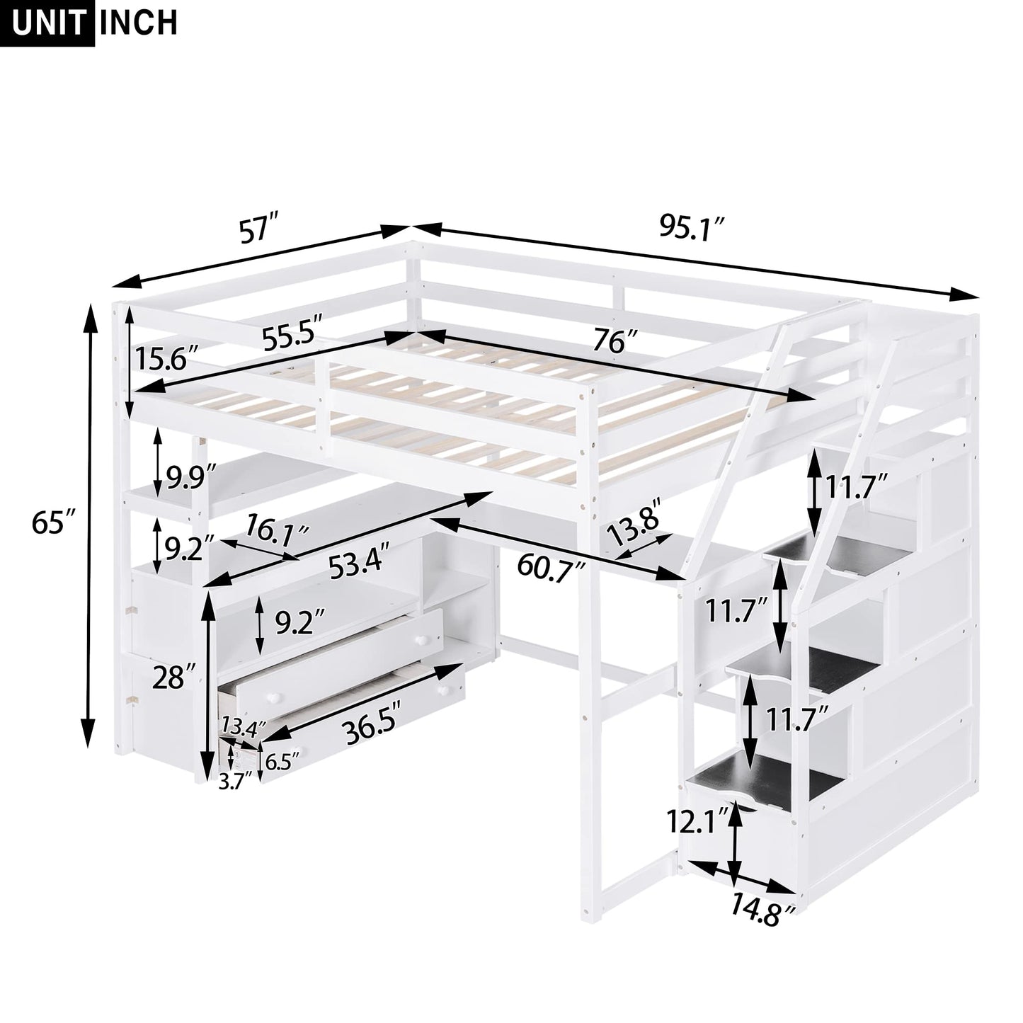 Brisca Full Size Loft Bed with Desk and Shelves,Multifunctionl Bedroom Bed Frame w/Two Built-in Drawers & Storage Staircase,Solid Wood Slats Support,for Kid Adult Boy Girl Teens,White