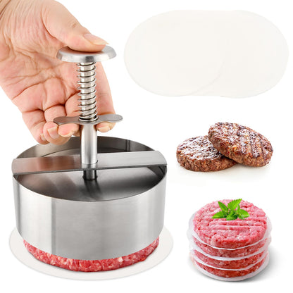 Waylenbo Burger Press 4.5 Inch, 304 Stainless Steel Hamburger Patty Maker with Spring Button & 50 Parchment Papers, Easy Release Non-Stick Mold for Ground Beef, BBQ, Dishwasher Safe