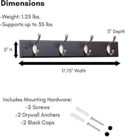 BIRDROCK HOME Oval Hook Coat and Hat Rack, 4 Hooks, Wall Mount, Black Finish
