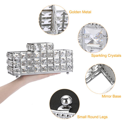 Hipiwe Crystal Remote Control Holder Bling Makeup Brush Holder Organizer Desktop Cosmetics Brushes Storage Cup Pen Pencil Storage Pot Cup for Dresser Bathroom Office, 3 Slot