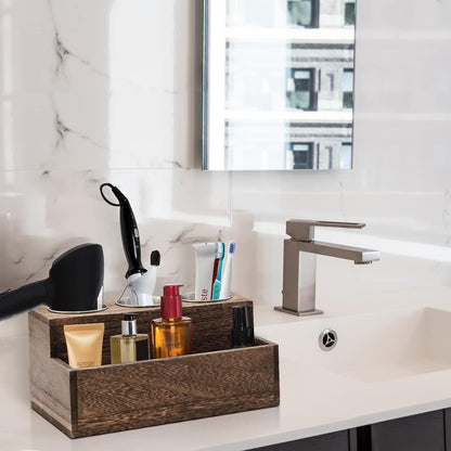 Rustic Wooden Hair Dryer Holder - Hair Tools Organizer with 3 Circular Holes and 1 Compartment for Bathroom Vanity