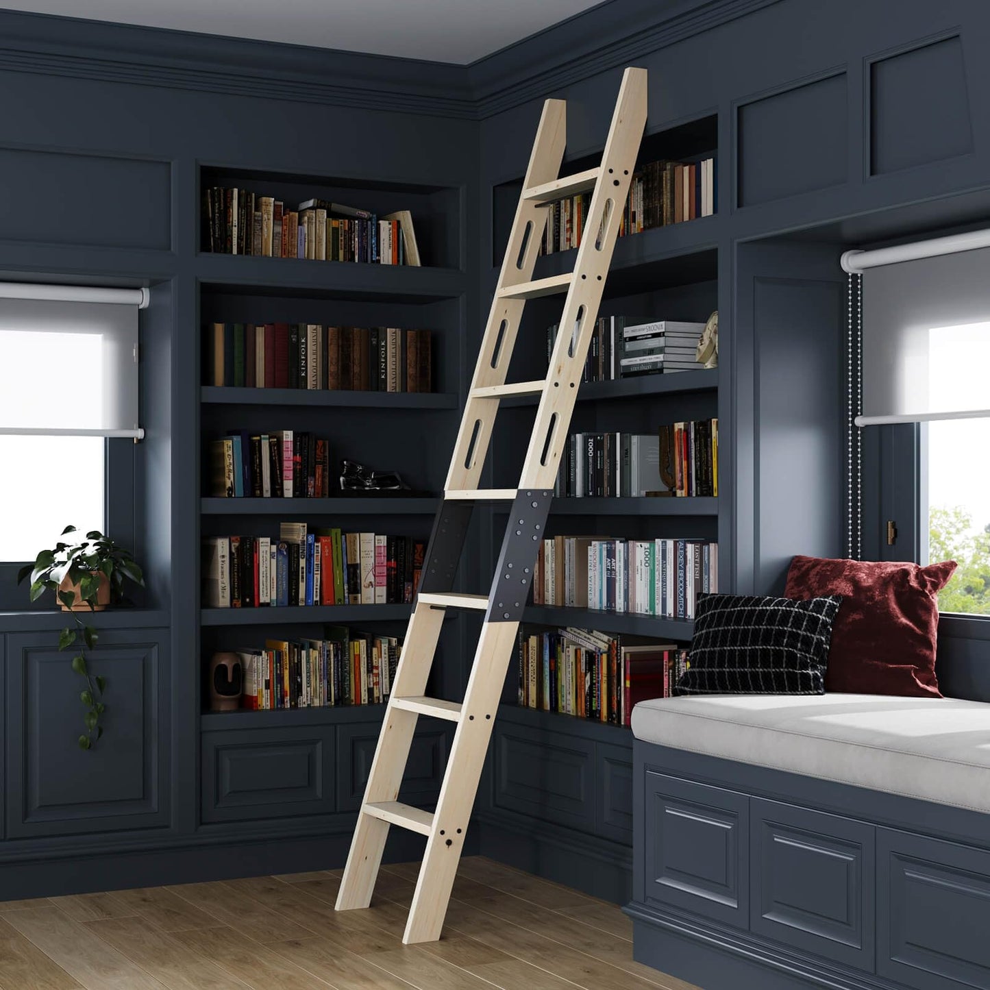 CEAKIAN Rolling Library Ladder 8ft,450lbs Capacity,7 Steps with Build-in Handrail,Solid Wood,Easy Assembly for Loft Bookshelf Kitchen Attic Outdoors,DIY Stain (No Sliding Hardware)